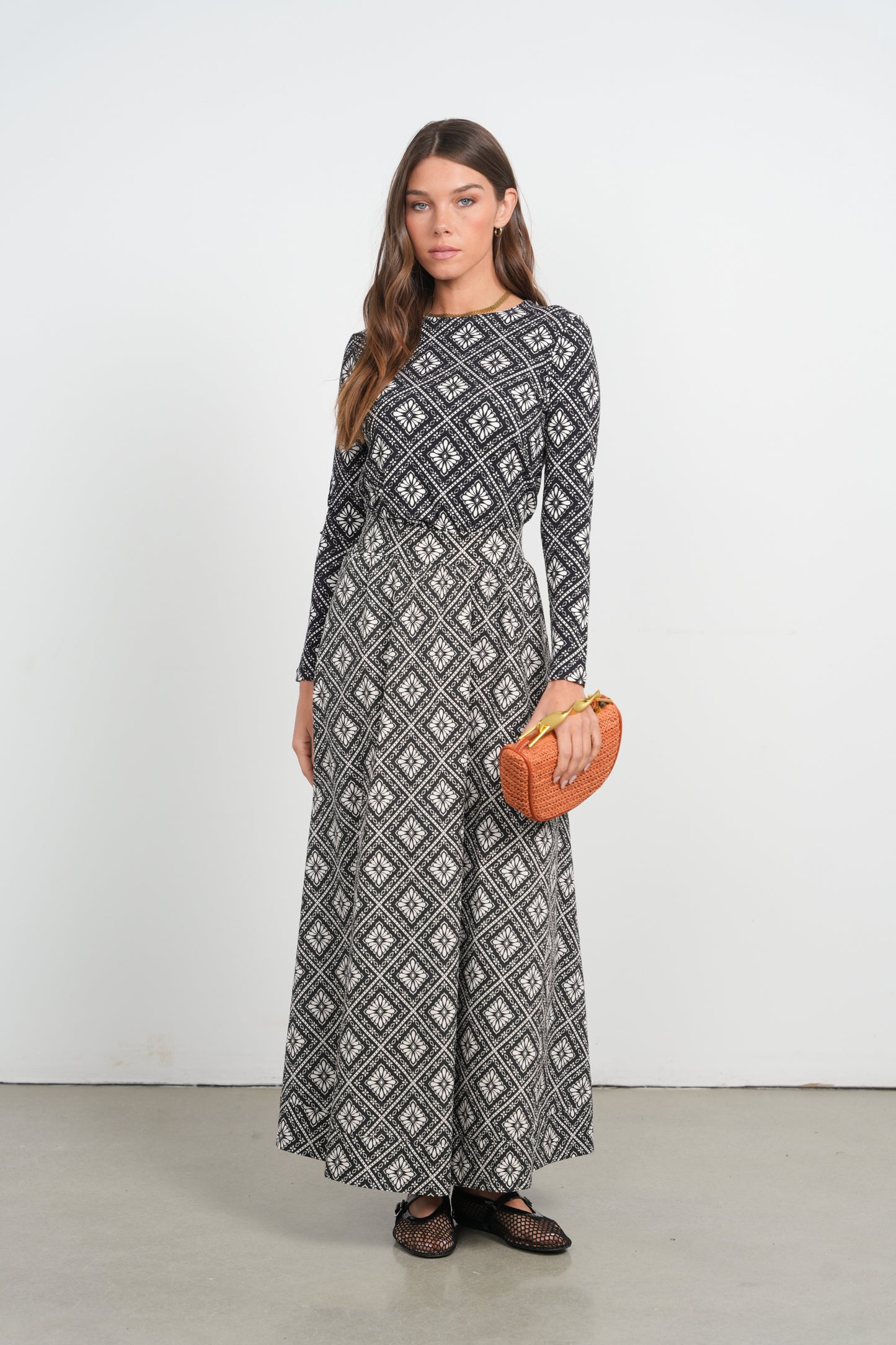 POINT PRINTED POPLIN MAXI SKIRT