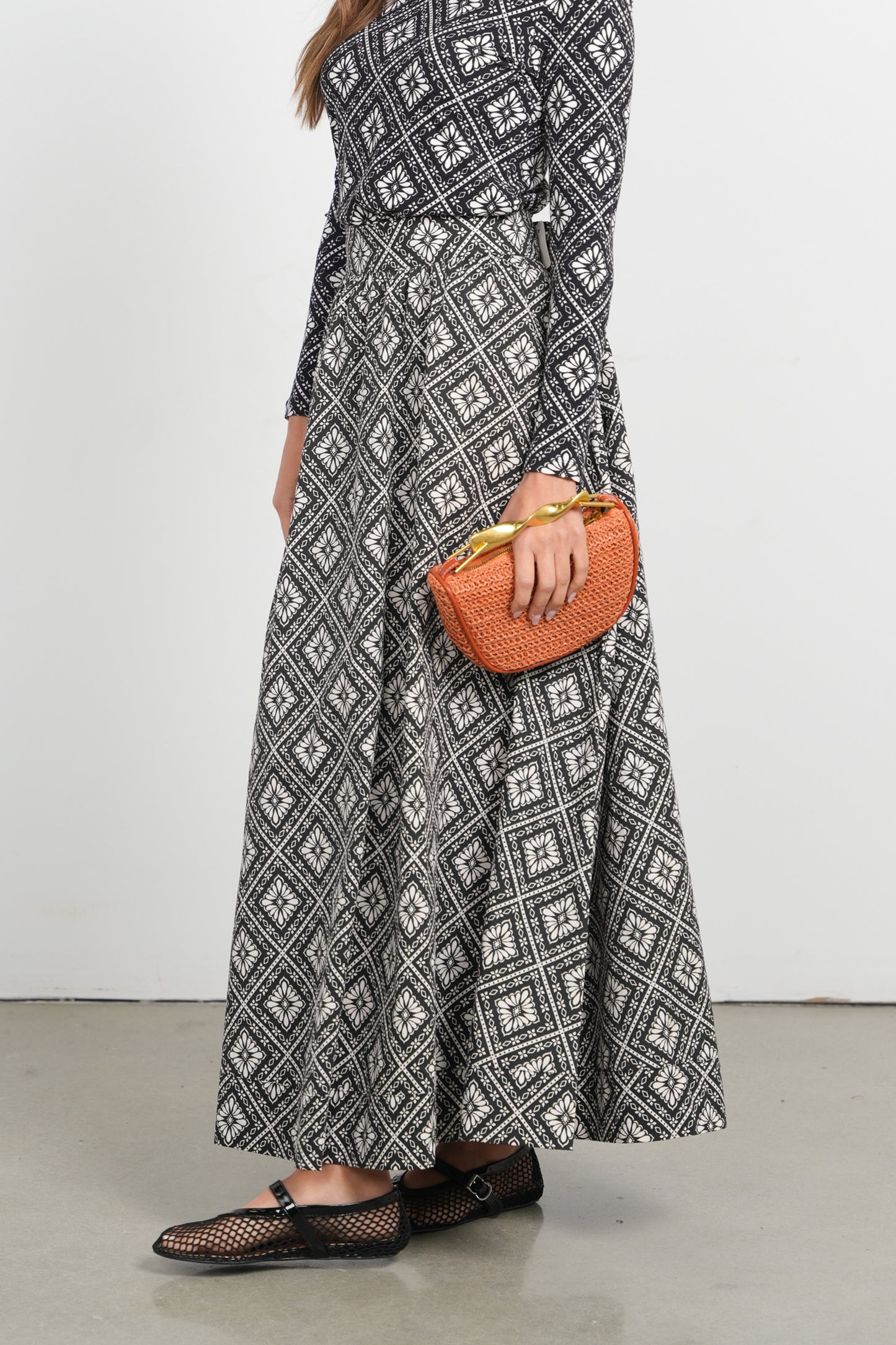 POINT PRINTED POPLIN MAXI SKIRT