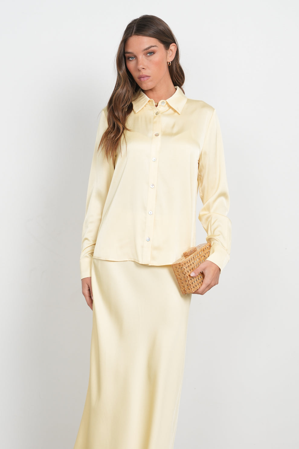 POINT SATIN BUTTON UP SHIRT xs / NAVY