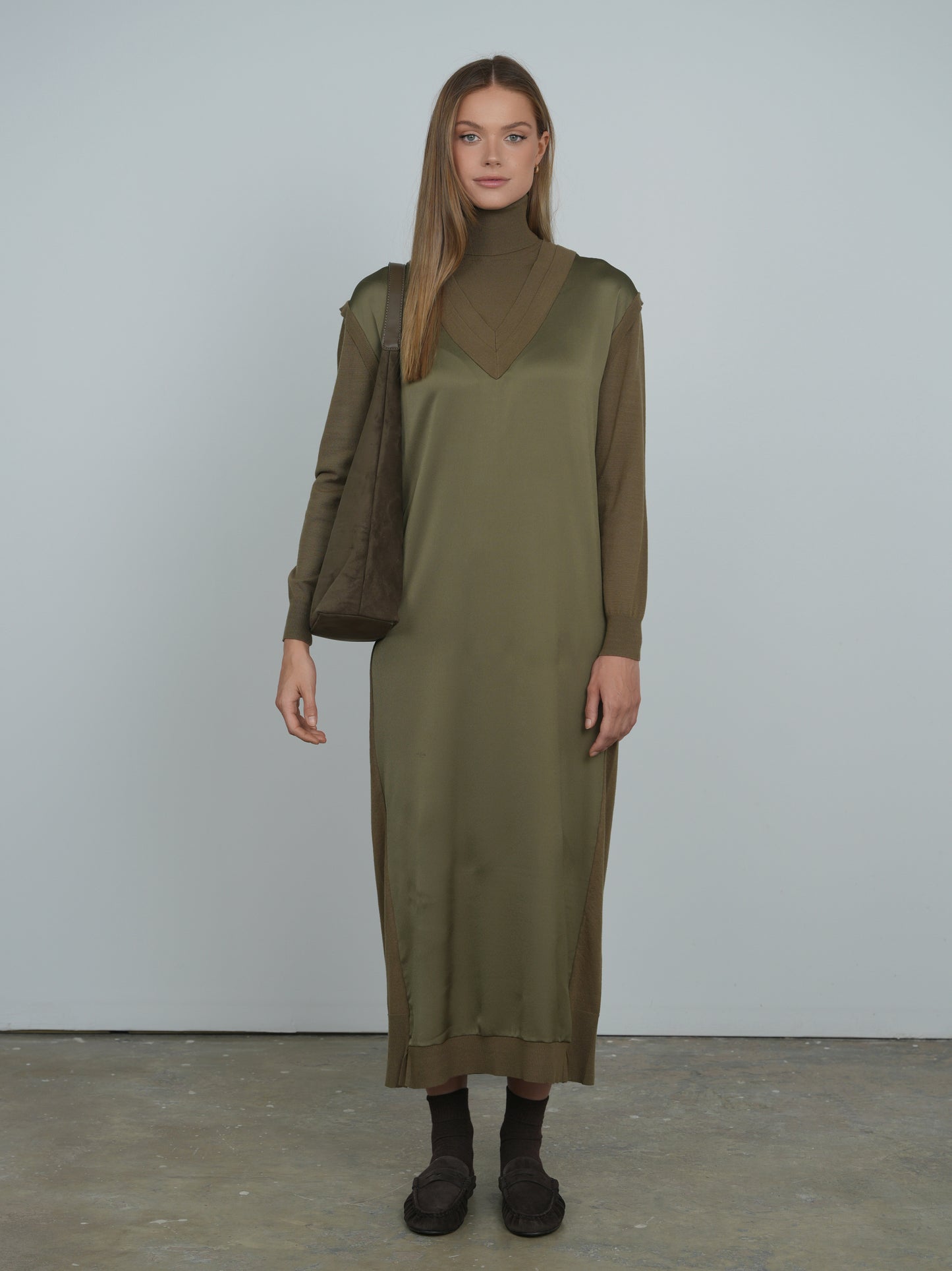 Point Mixed Satin Maxi Dress