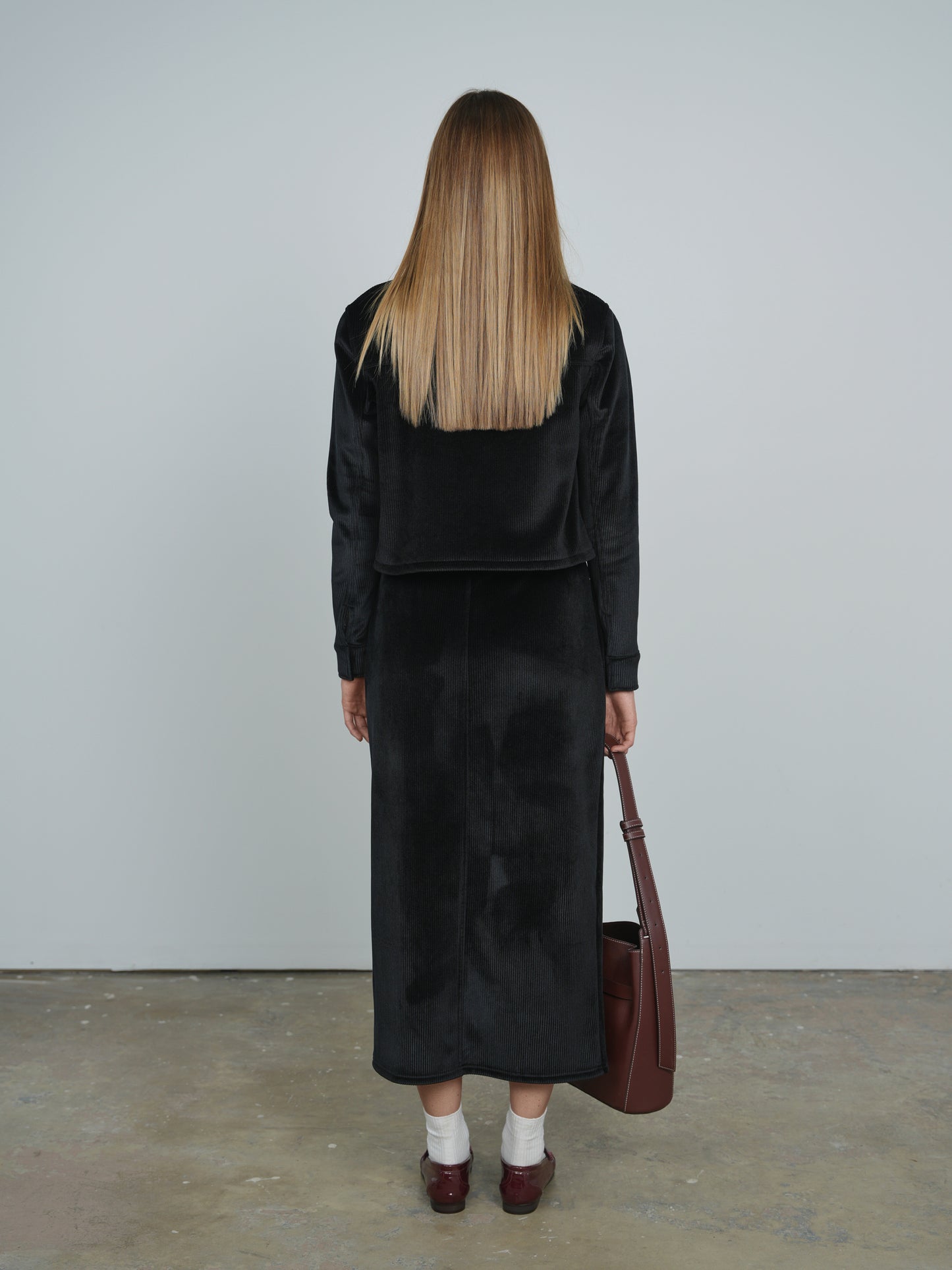 Point Ribbed Velour Maxi Skirt