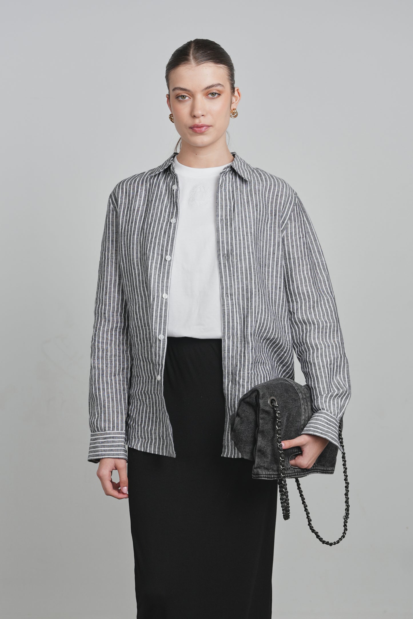 POINT STRIPE LINEN BLOUSE