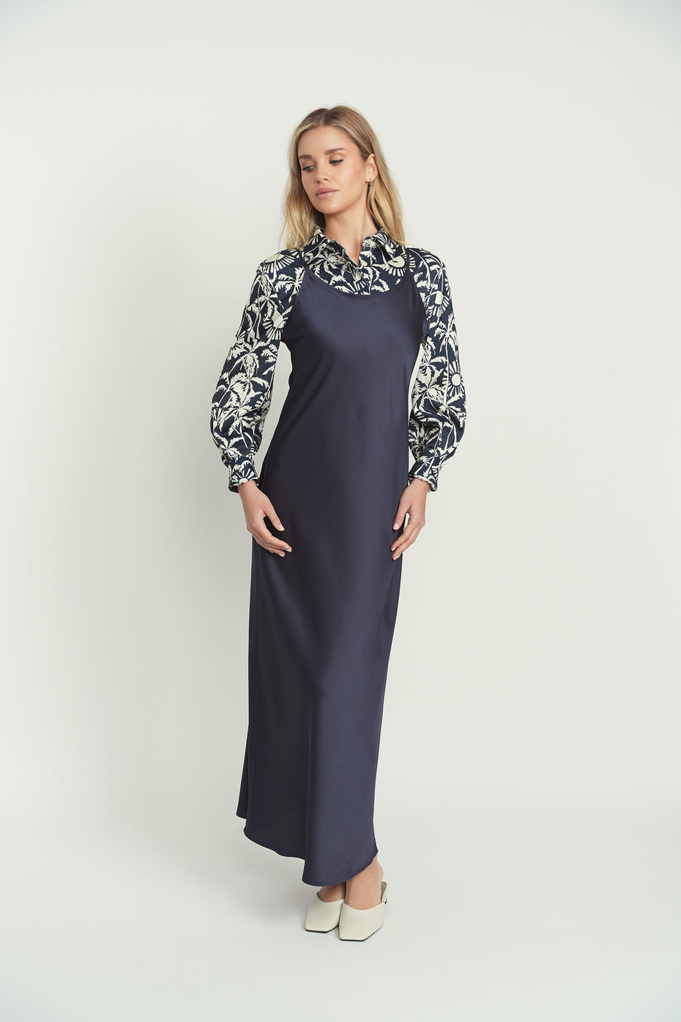straight dresses for women Point Satin Slip Dress with a side zipper for easy on and off Women Navy Blue Midi Straight